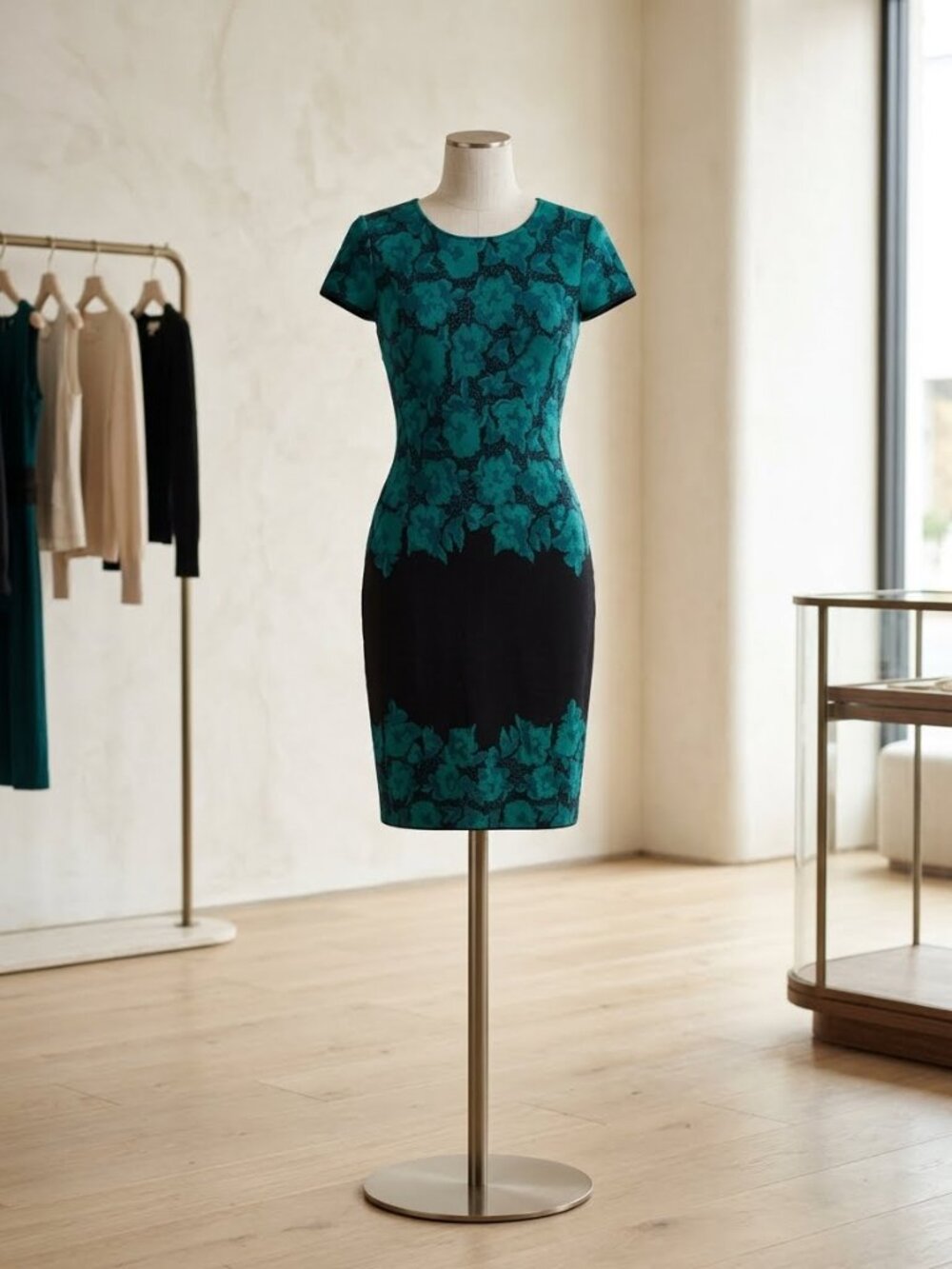 St. John Aegean Floral Jacquard Metallic Knit Dress Formal Size 12 Wool Blend